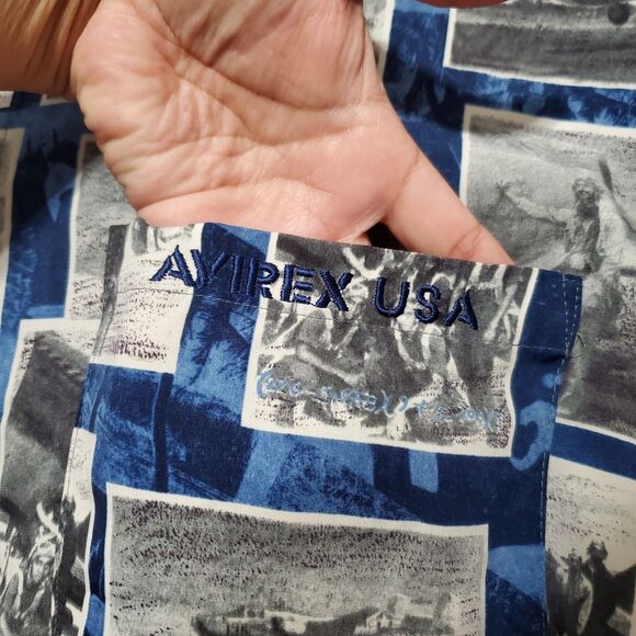 Avirex USA Naval Hawaiian Shirt Mens 2XL Blue Military Postcard AOP VTG 90s Y2K - Picture 5 of 13